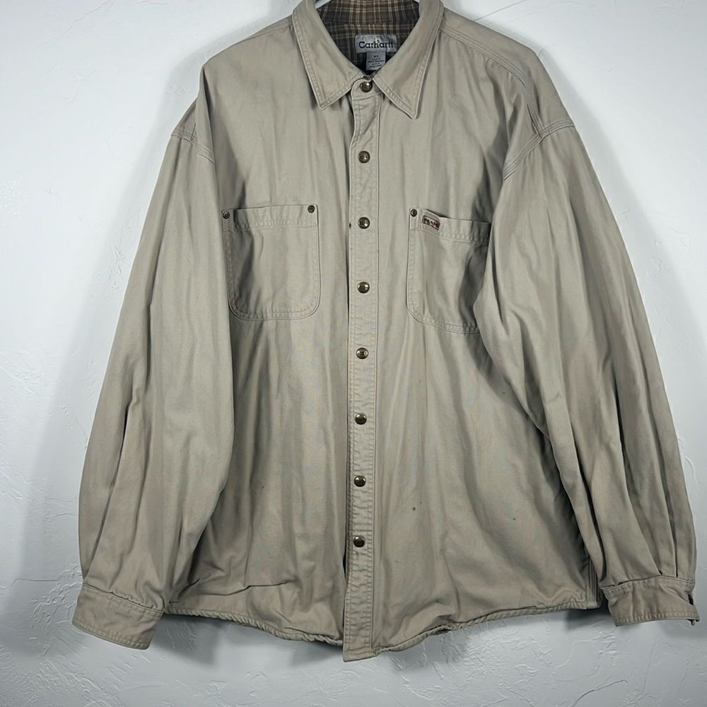 🔥🔥 Vintage CARHARTT Denim Blanket Lined Full Snap Jacket -‎ Beige - XLT - EUC